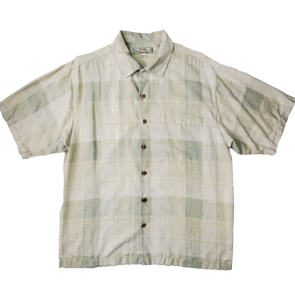 Tommy Bahama 100% Silk Hawaiian Shirt Mens Large Green Cream Plaid  Short Sleeve